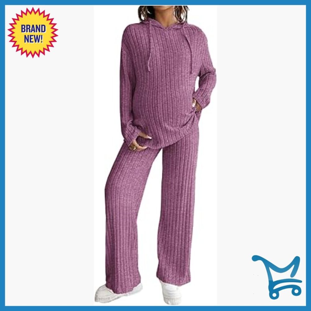 Maternity Lounge Set Ribbed Knit Hoodie Wide Leg Pants 2 Piece